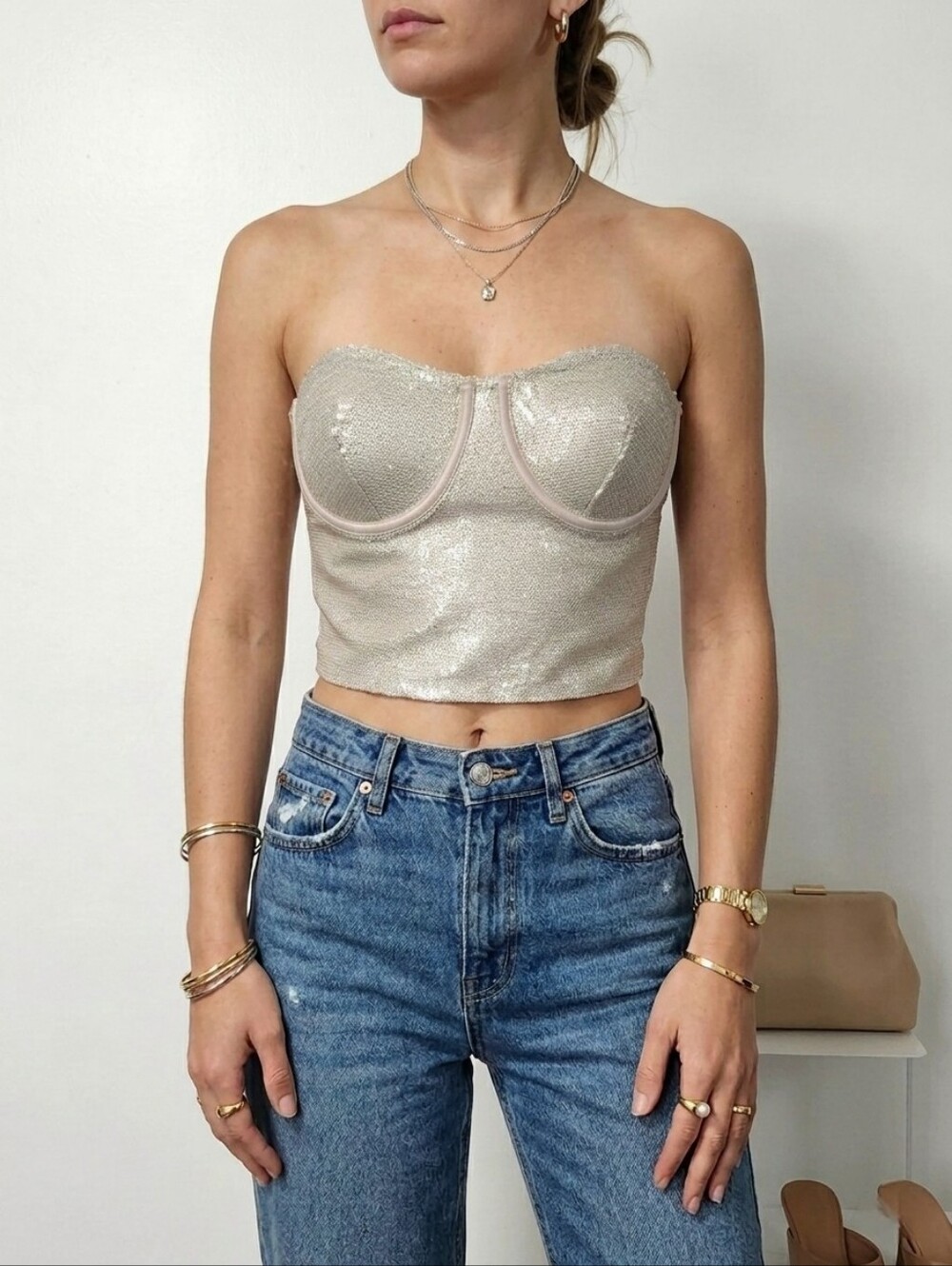 Zara Cream Sequin Strapless Bustier Top size M